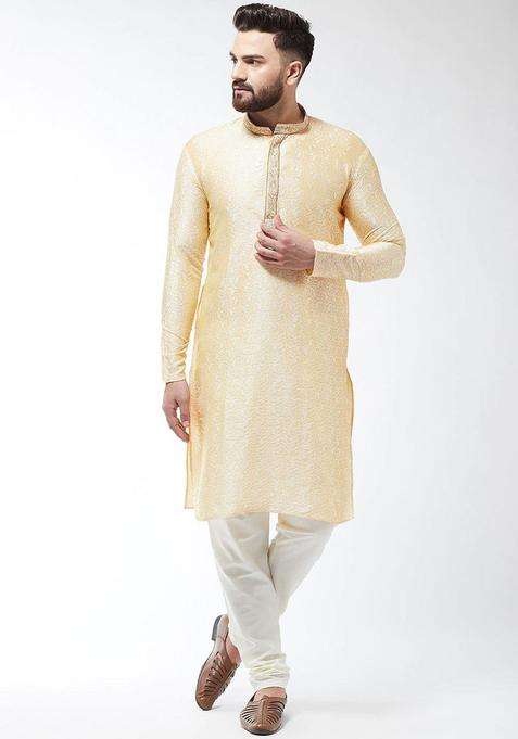 Gold Woven Design Silk Kurta Set For Men