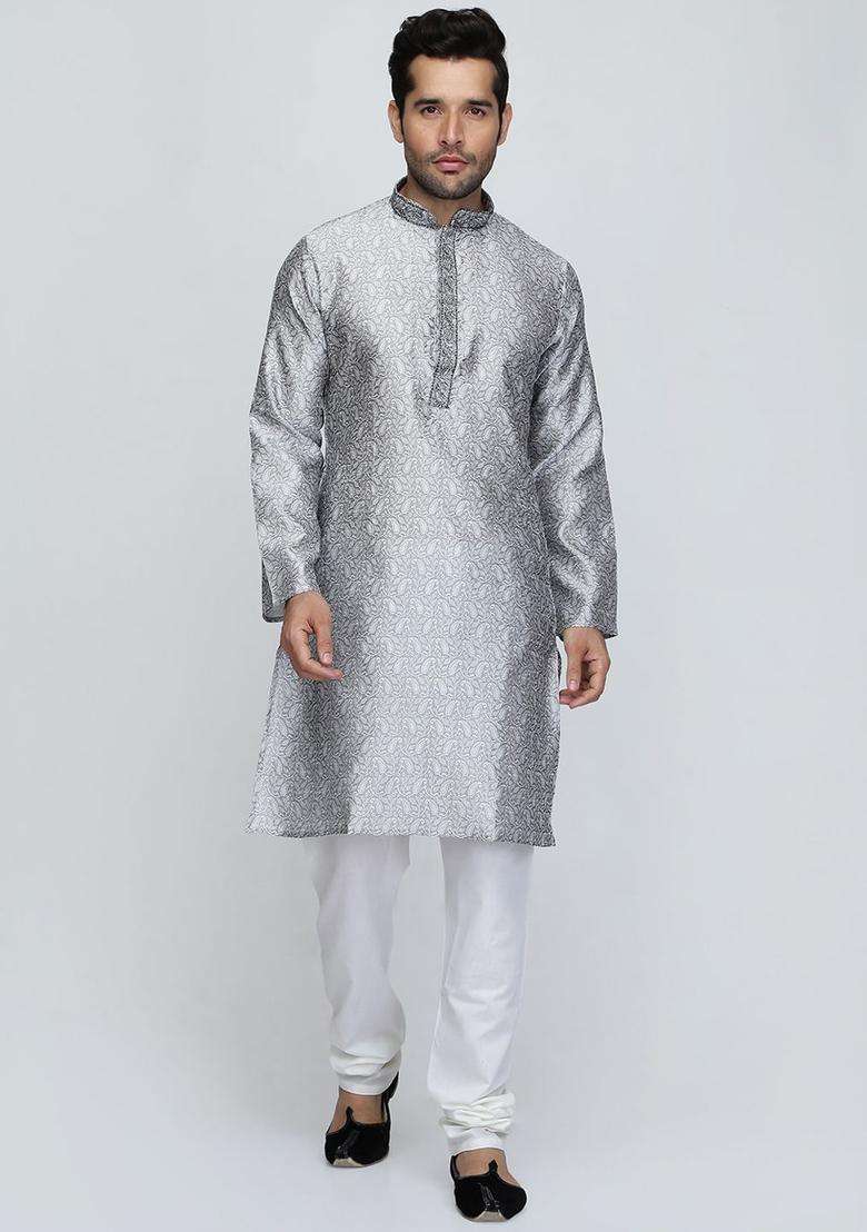 Silver Printed Silk Kurta Set For Men - Indya