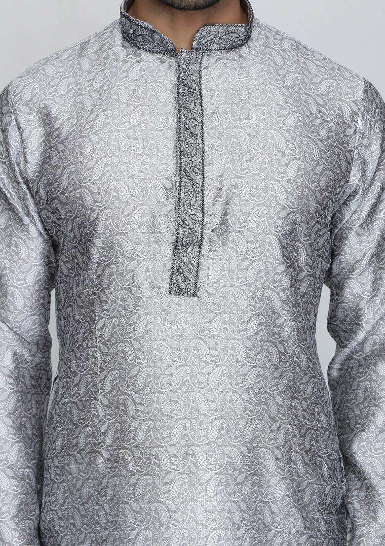 Silver Printed Silk Kurta Set For Men - Indya
