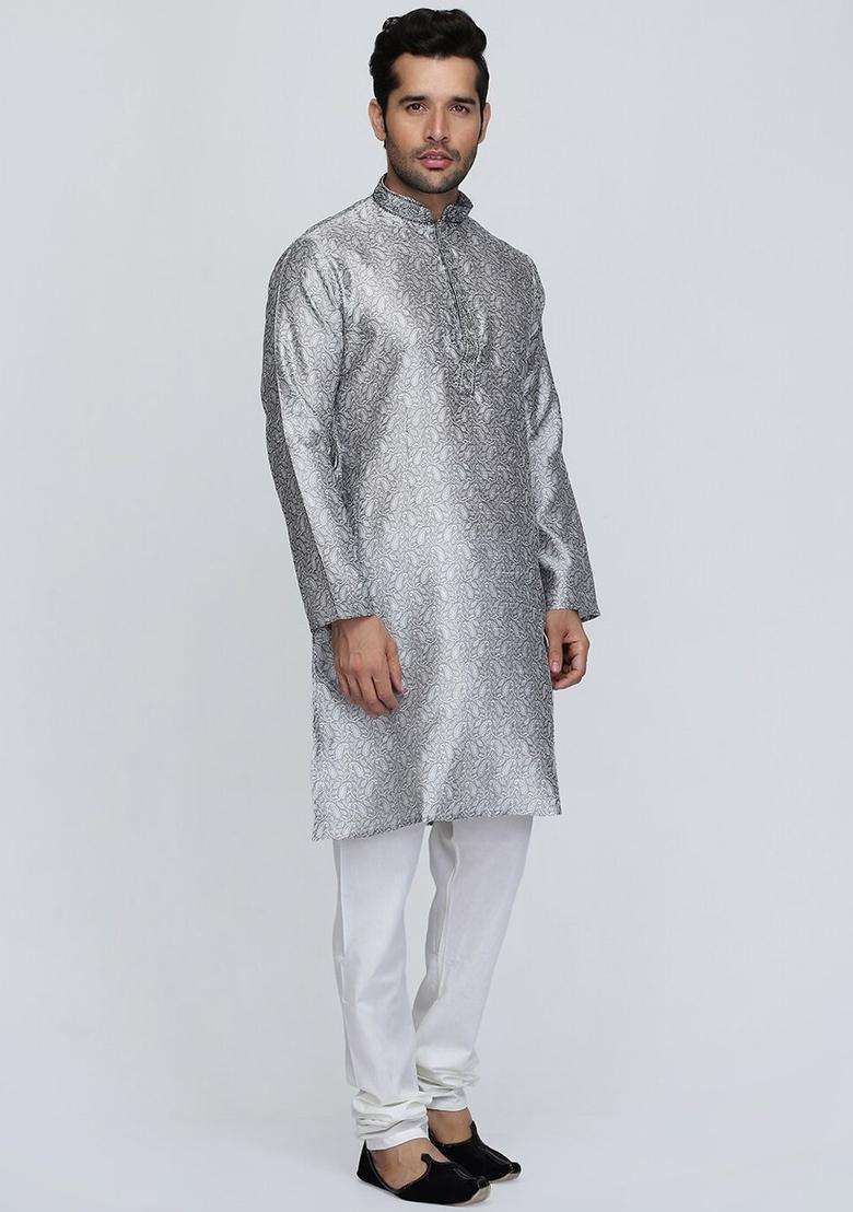 Silver Printed Silk Kurta Set For Men - Indya