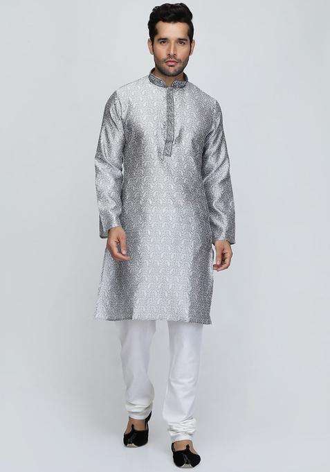 Silver Printed Silk Kurta Set For Men