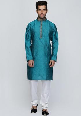Green Self Design Silk Kurta Set For Men