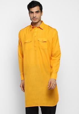 Yellow Solid Cotton Kurta Set For Men