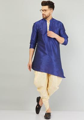 Navy Blue Solid Silk Kurta Set For Men