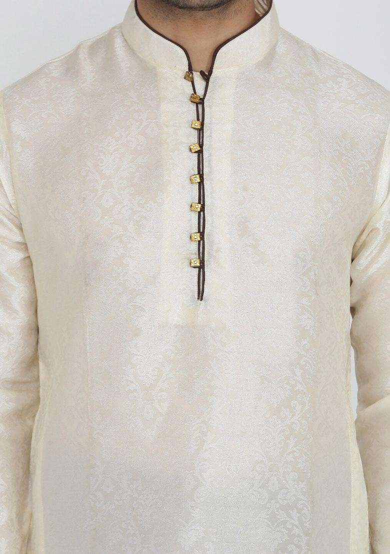 Beige Solid Silk Kurta Set For Men - Indya