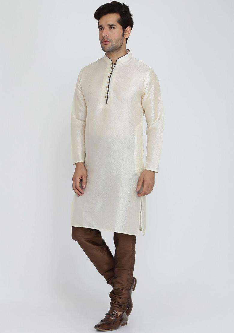 Beige Solid Silk Kurta Set For Men - Indya