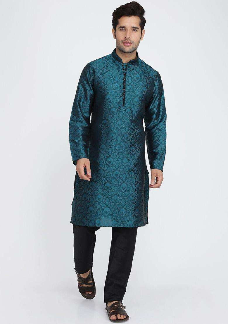 Green Woven Design Silk Kurta Set For Men - Indya