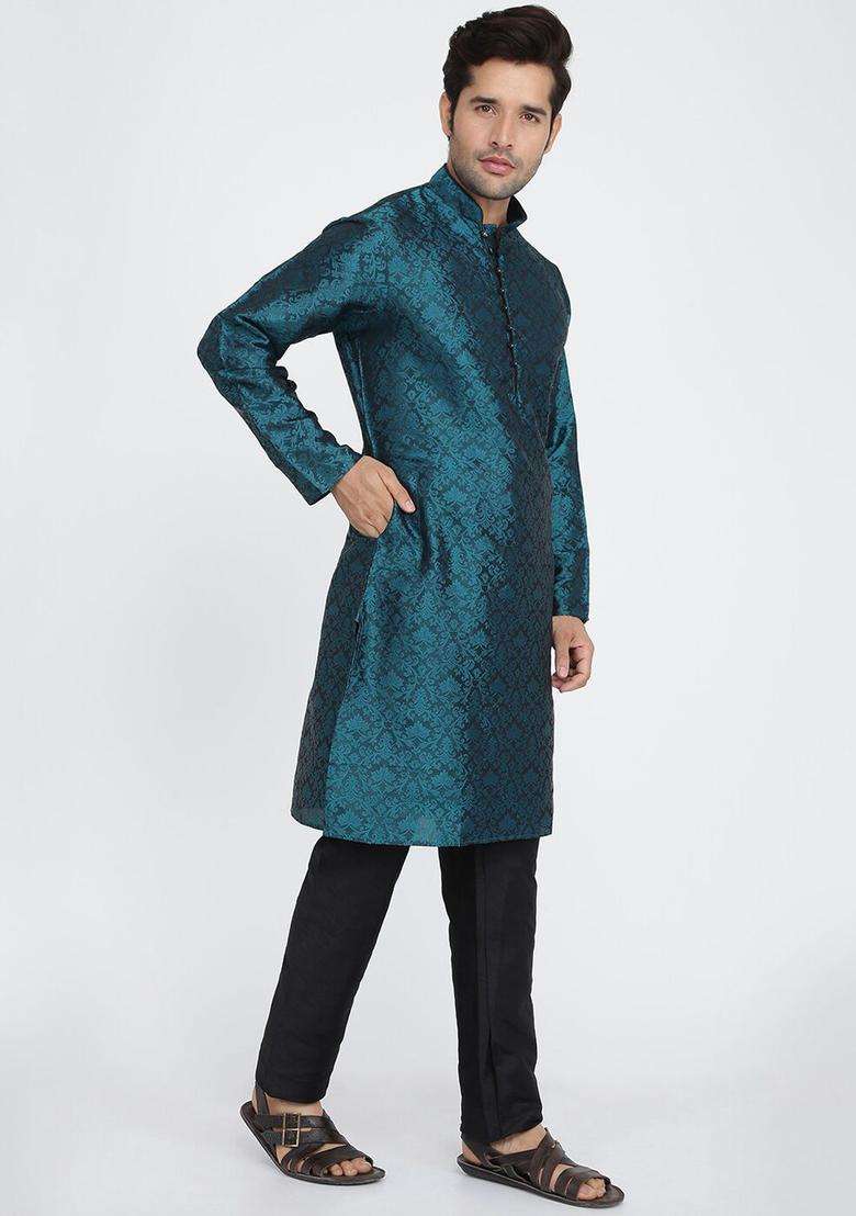Green Woven Design Silk Kurta Set For Men - Indya