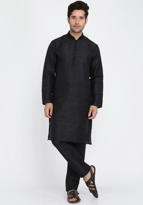 Black Woven Design Silk Kurta Set For Men