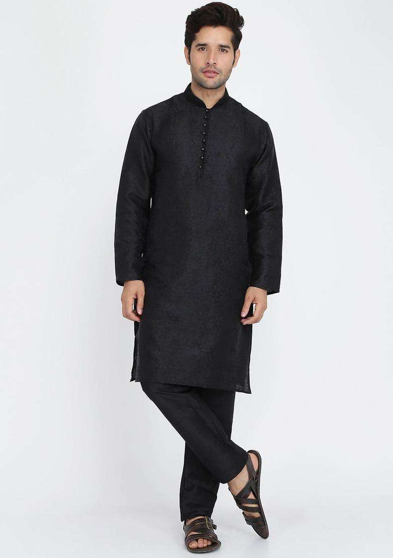 Black Woven Design Silk Kurta Set For Men - Indya