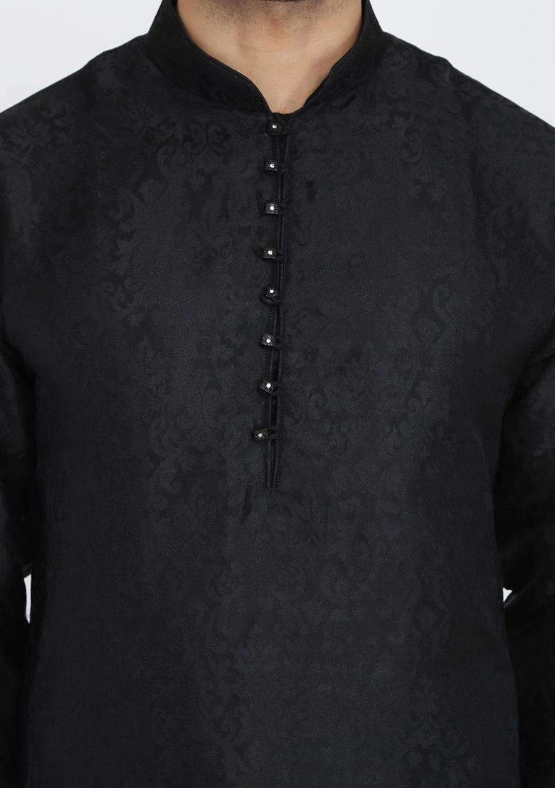Black Woven Design Silk Kurta Set For Men - Indya