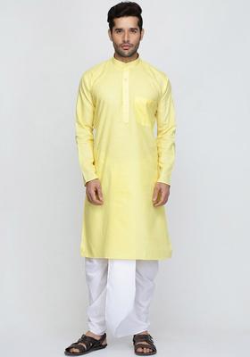 Yellow Solid Cotton Kurta Set For Men