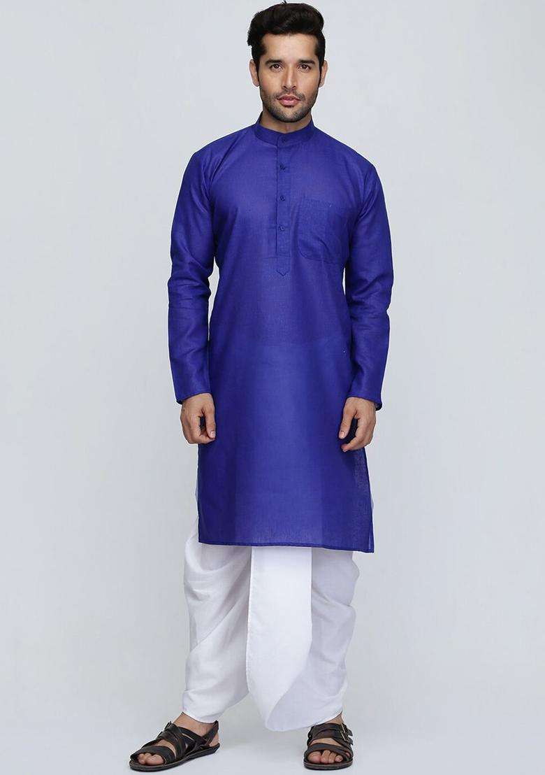 Blue Striped Cotton Kurta Set For Men - Indya