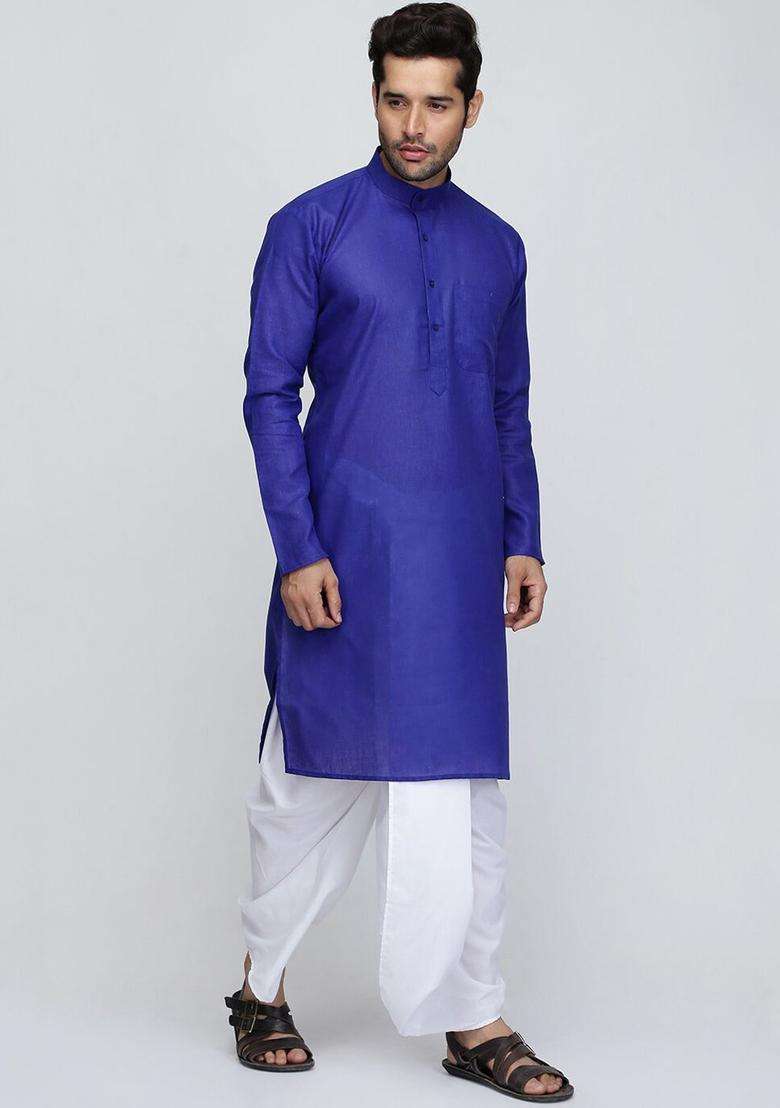 Blue Striped Cotton Kurta Set For Men - Indya