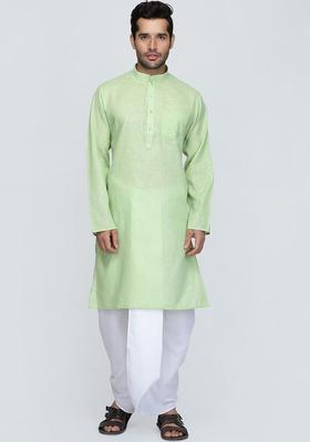 Green Solid Cotton Kurta Set For Men