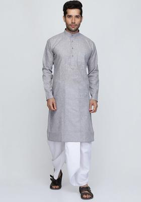 Grey Solid Cotton Kurta Set For Men