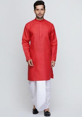 Red Solid Cotton Kurta Set For Men
