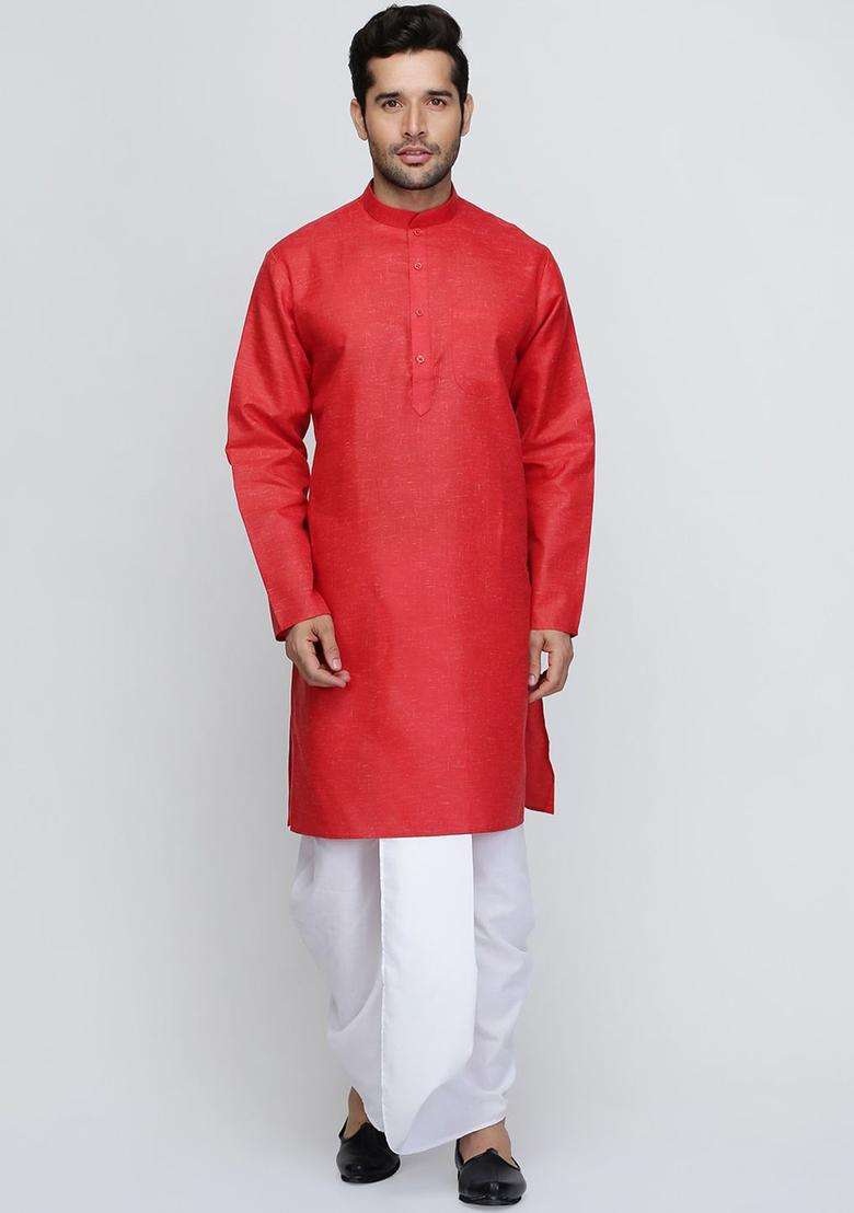 Red Solid Cotton Kurta Set For Men - Indya