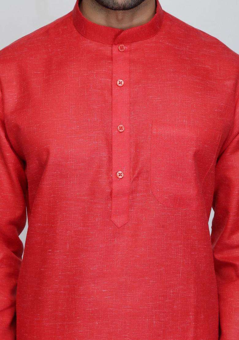 Red Solid Cotton Kurta Set For Men - Indya