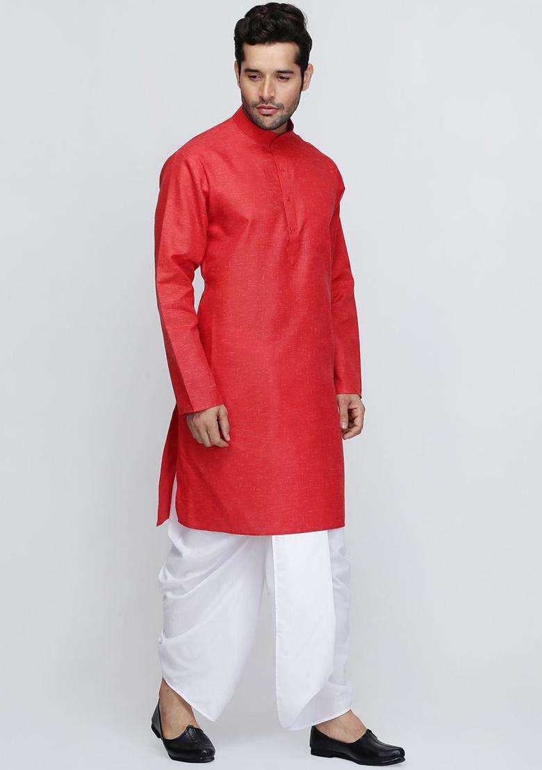 Red Solid Cotton Kurta Set For Men - Indya