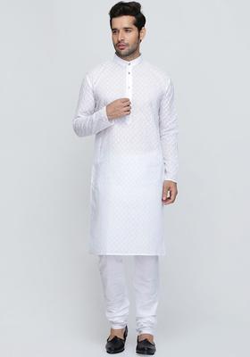 White Embroidered Cotton Kurta Set For Men