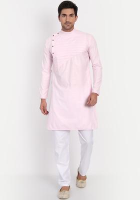 Pink Solid Cotton Kurta Set For Men