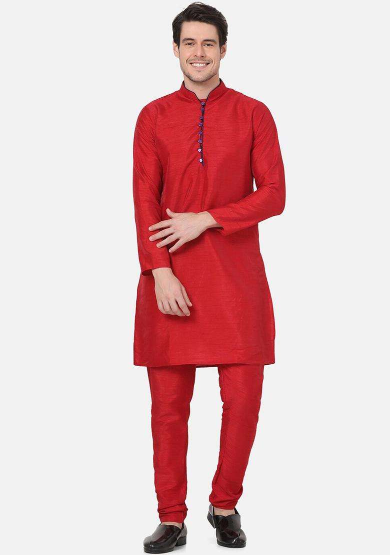 Red Self Design Silk Kurta Set For Men - Indya