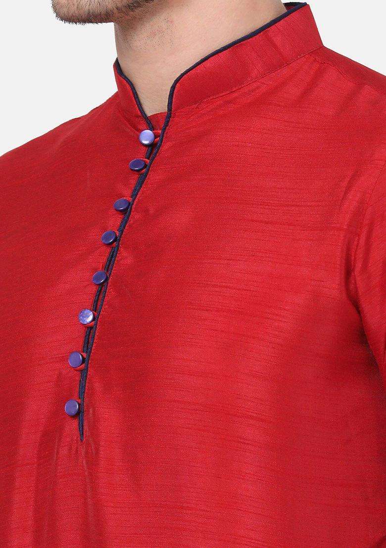 Red Self Design Silk Kurta Set For Men - Indya