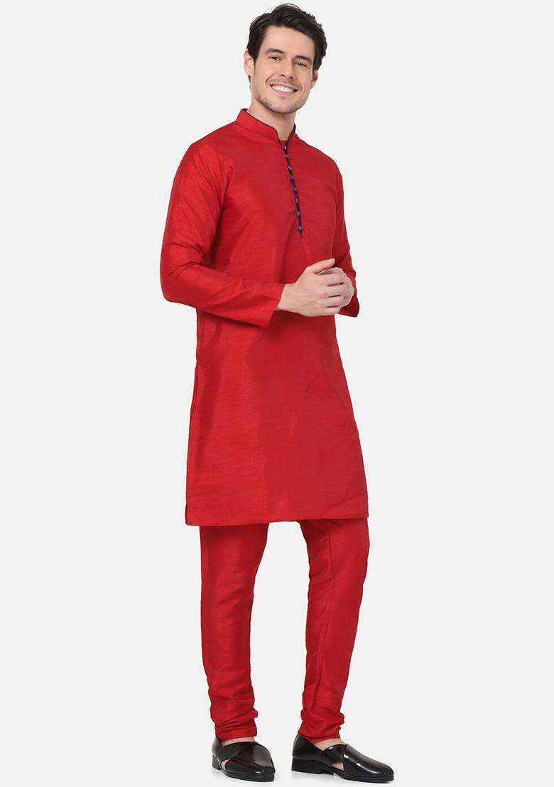 Red Self Design Silk Kurta Set For Men - Indya