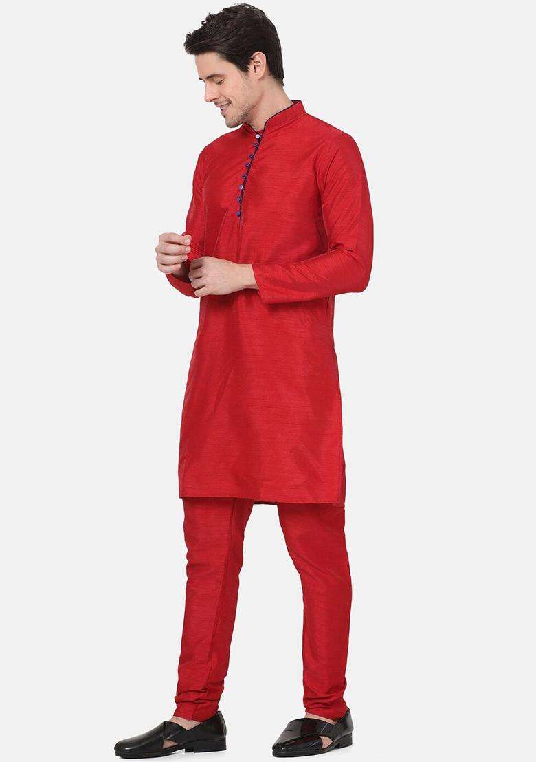 Red Self Design Silk Kurta Set For Men - Indya