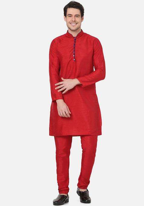Red Self Design Silk Kurta Set For Men