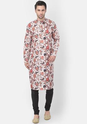 White Printed Cotton Kurta Set For Men