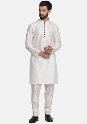 White Self Design Silk Kurta Set For Men