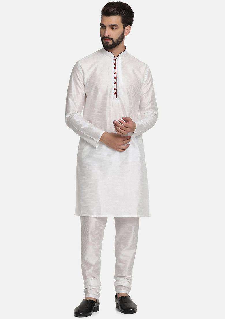 White Self Design Silk Kurta Set For Men - Indya