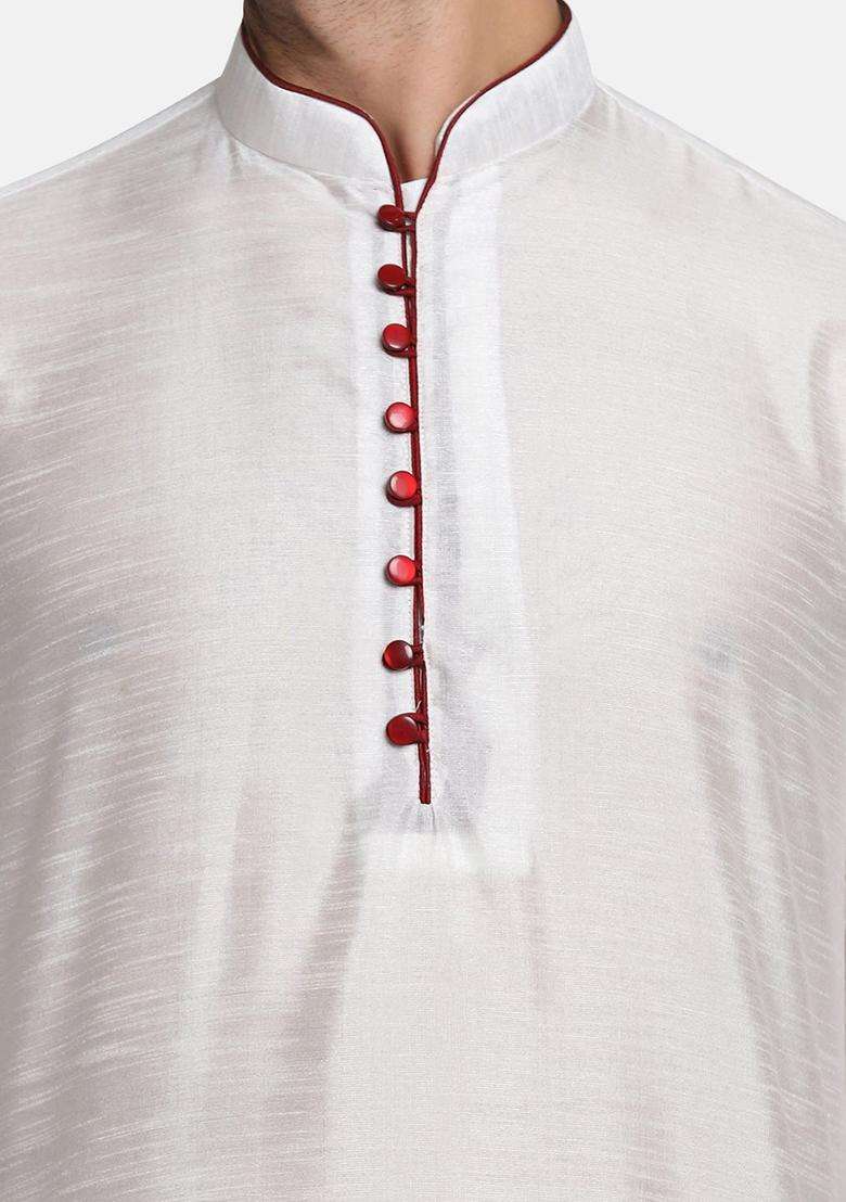White Self Design Silk Kurta Set For Men - Indya