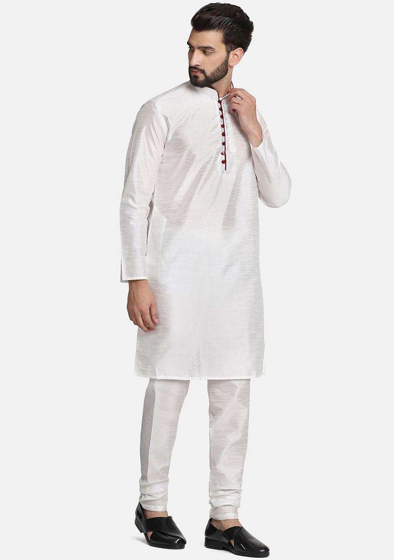 White Self Design Silk Kurta Set For Men - Indya