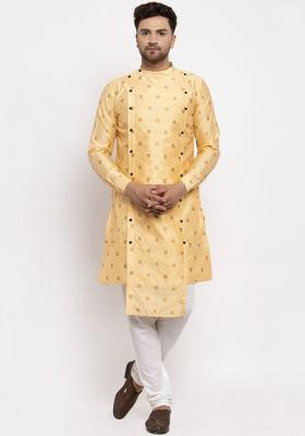 Gold Woven Design Silk Kurta Set For Men