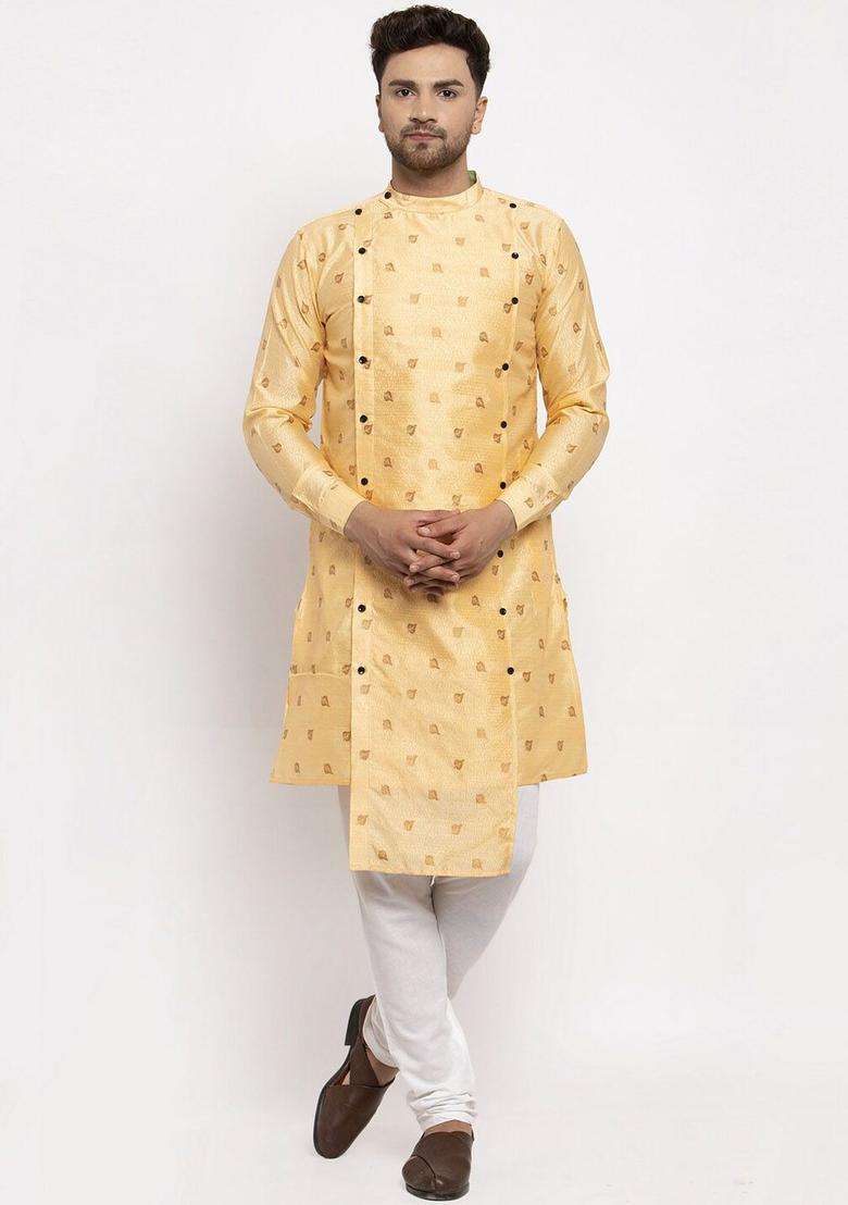 Gold Woven Design Silk Kurta Set For Men - Indya