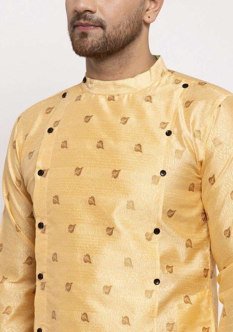 Gold Woven Design Silk Kurta Set For Men - Indya
