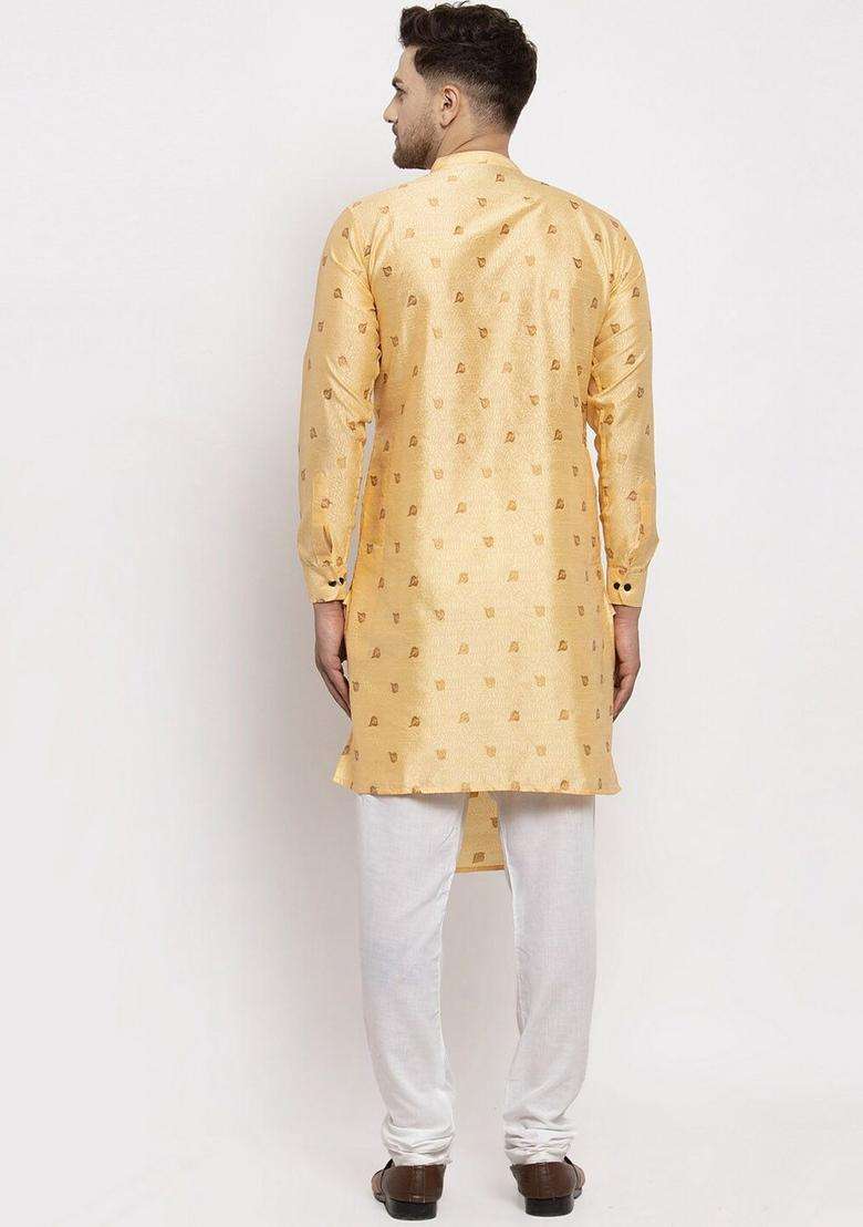 Gold Woven Design Silk Kurta Set For Men - Indya