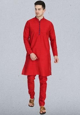 Red Solid Silk Kurta Set For Men