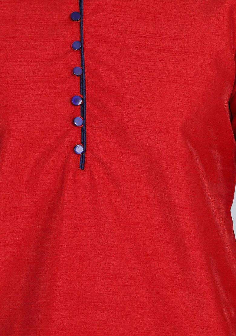 Red Solid Silk Kurta Set For Men - Indya