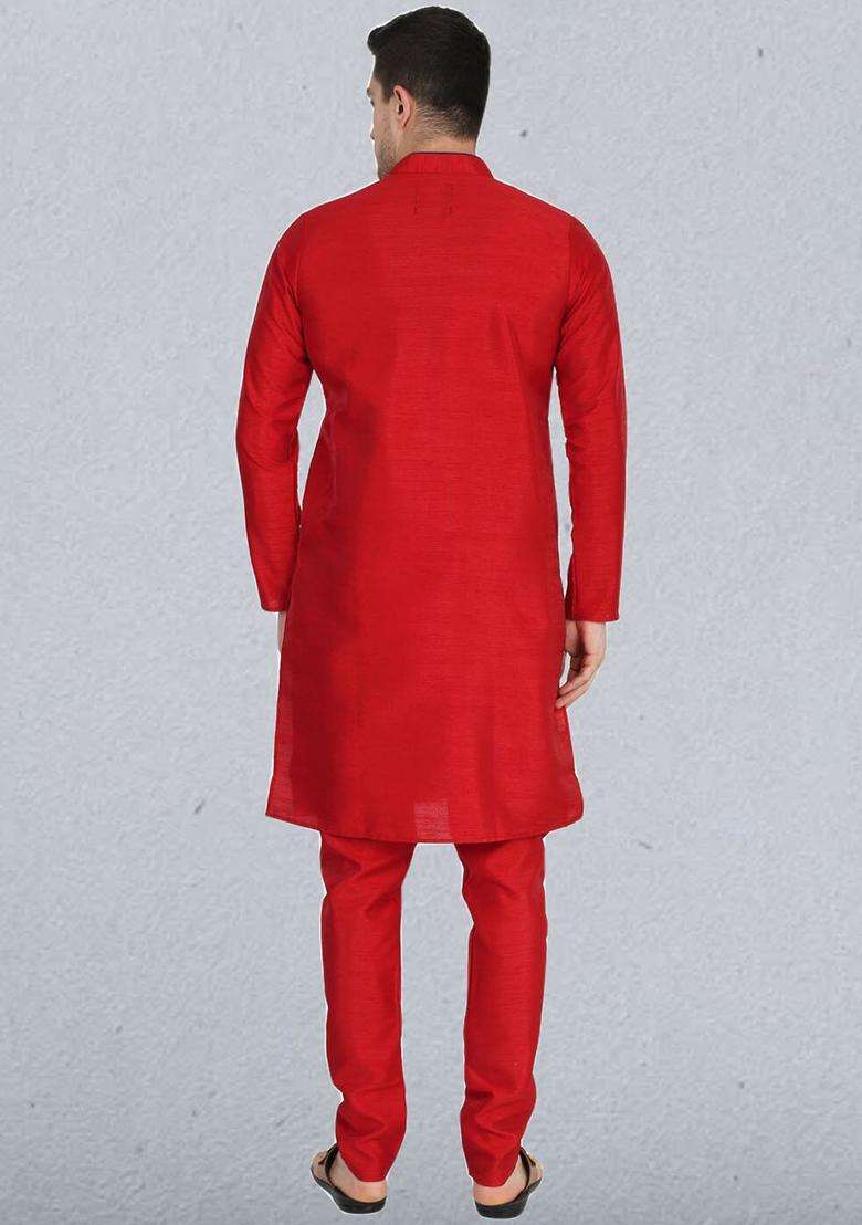 Red Solid Silk Kurta Set For Men - Indya