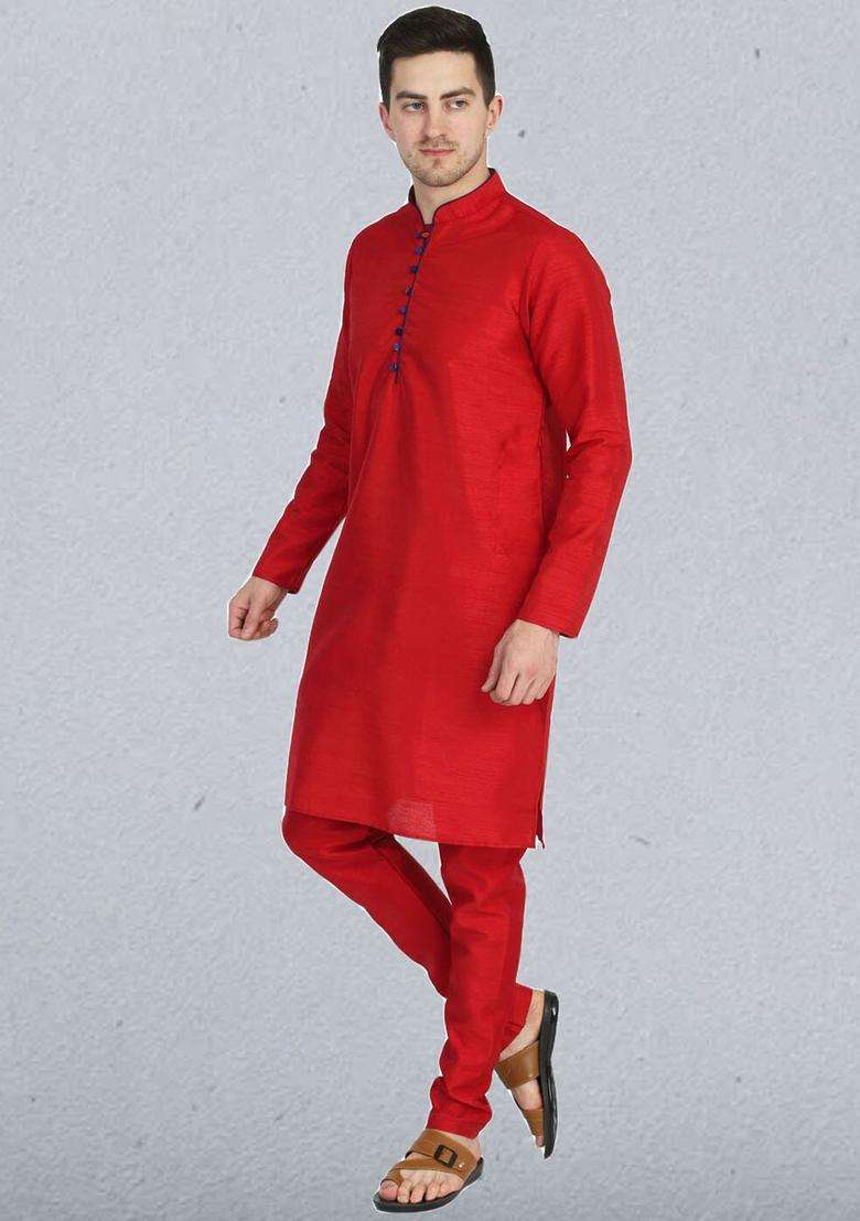 Red Solid Silk Kurta Set For Men - Indya