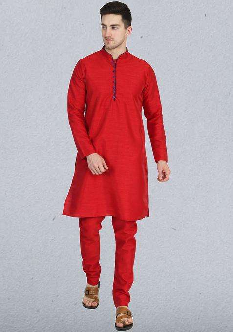 Red Solid Silk Kurta Set For Men