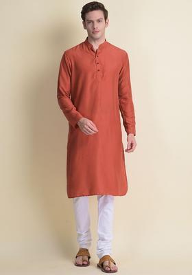 Red Solid Silk Kurta Set For Men