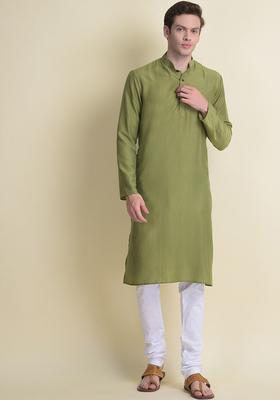 Green Solid Silk Kurta Set For Men
