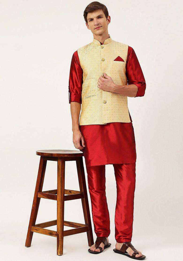 Maroon Solid Silk Kurta Set For Men - Indya