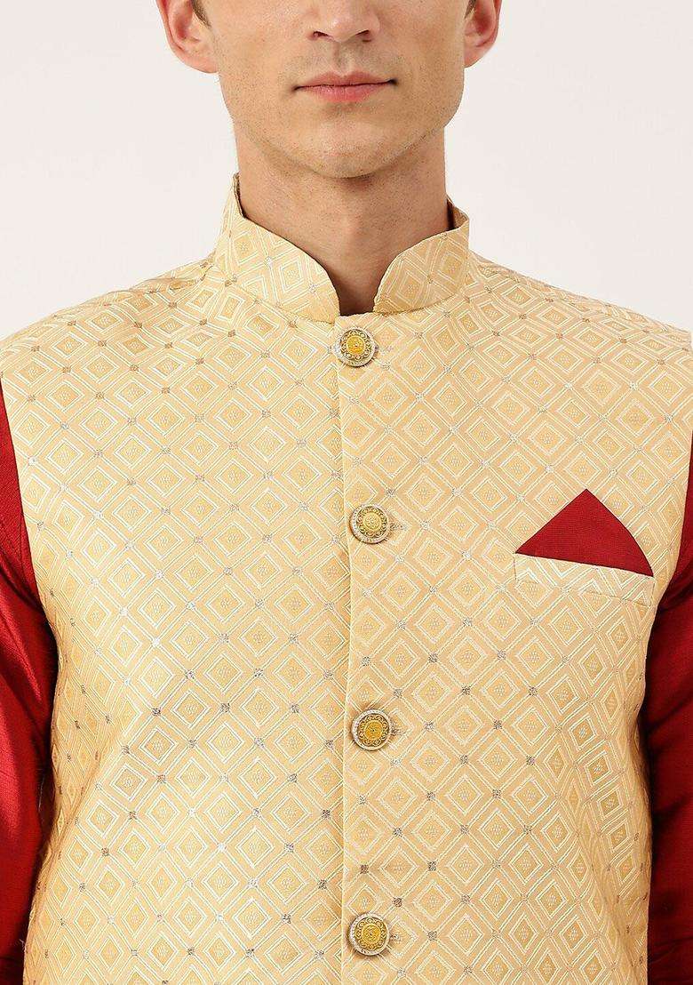 Maroon Solid Silk Kurta Set For Men - Indya
