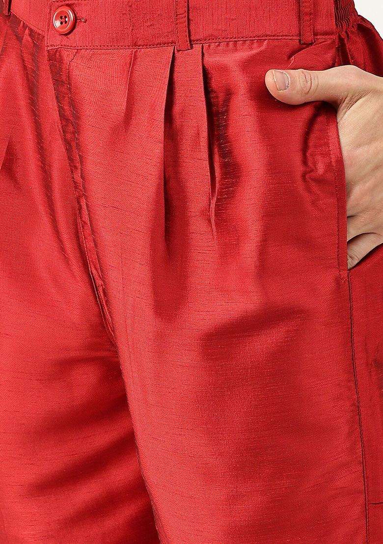 Maroon Solid Silk Kurta Set For Men - Indya
